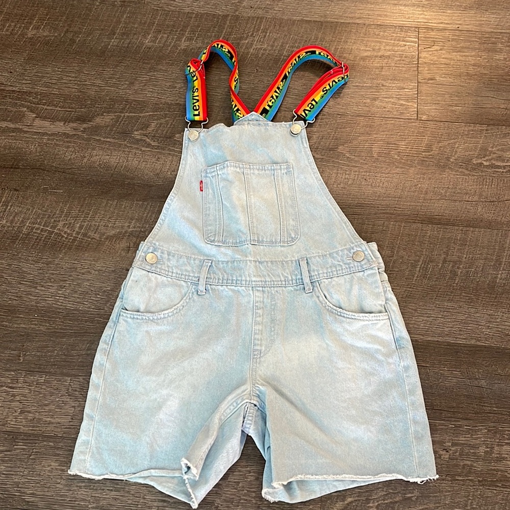 Youth Levi cut off overalls with rainbow suspenders straps
